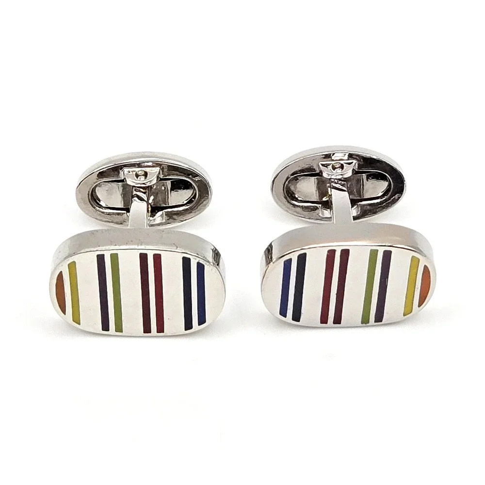 Mens Silver Tone Multi Color‎ Enamel Striped Oval Whale Back Modern Cufflinks